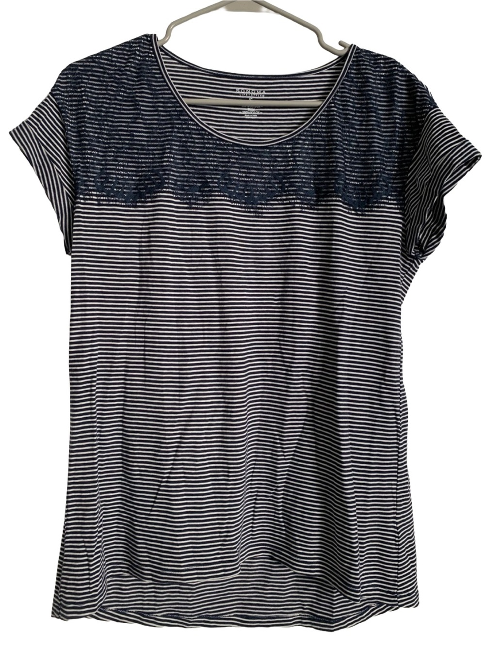 SONOMA Women’s White Navy Blue Striped Cap Sleeve Cotton Tee Shirt